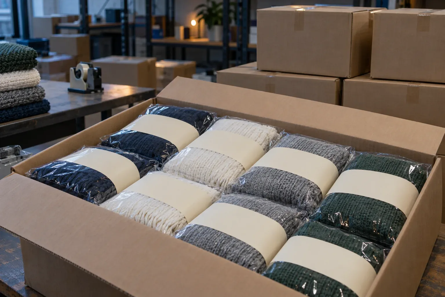 Folded throws in clear bags with plain cream belly bands, packed in rows in an open carton