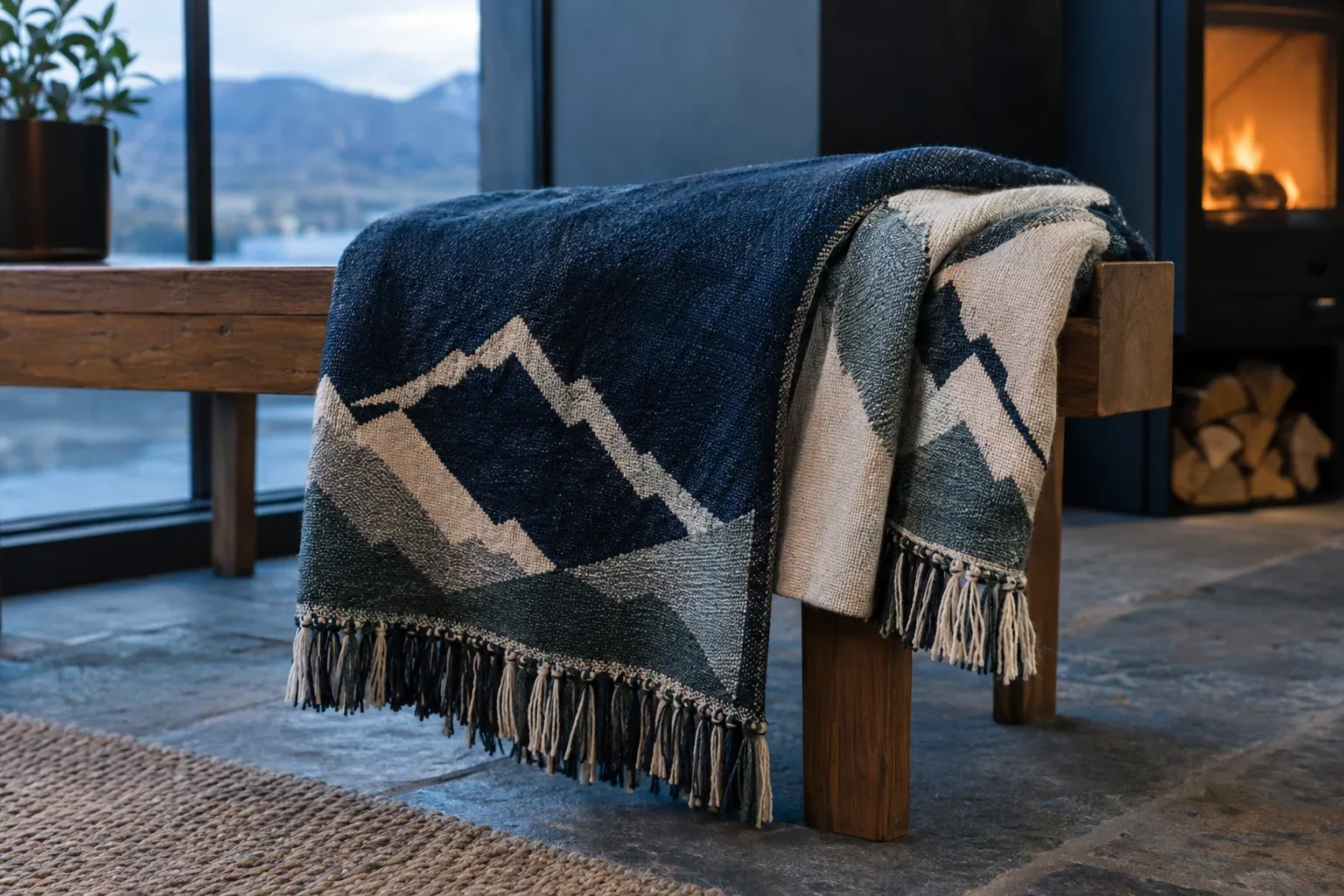 A navy and cream woven jacquard throw with a mountain design and a tasselled fringe, draped over a wooden bench