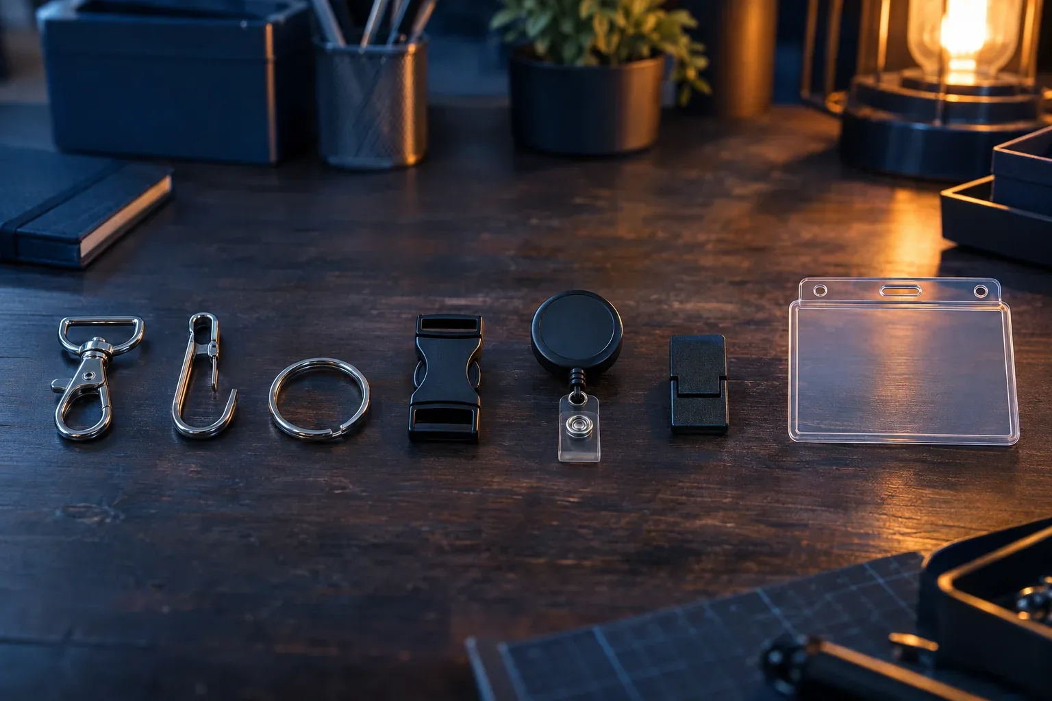 A swivel hook, a J-hook, a key ring, a buckle, a badge reel, a breakaway clasp and a clear card holder in a row on a dark workbench