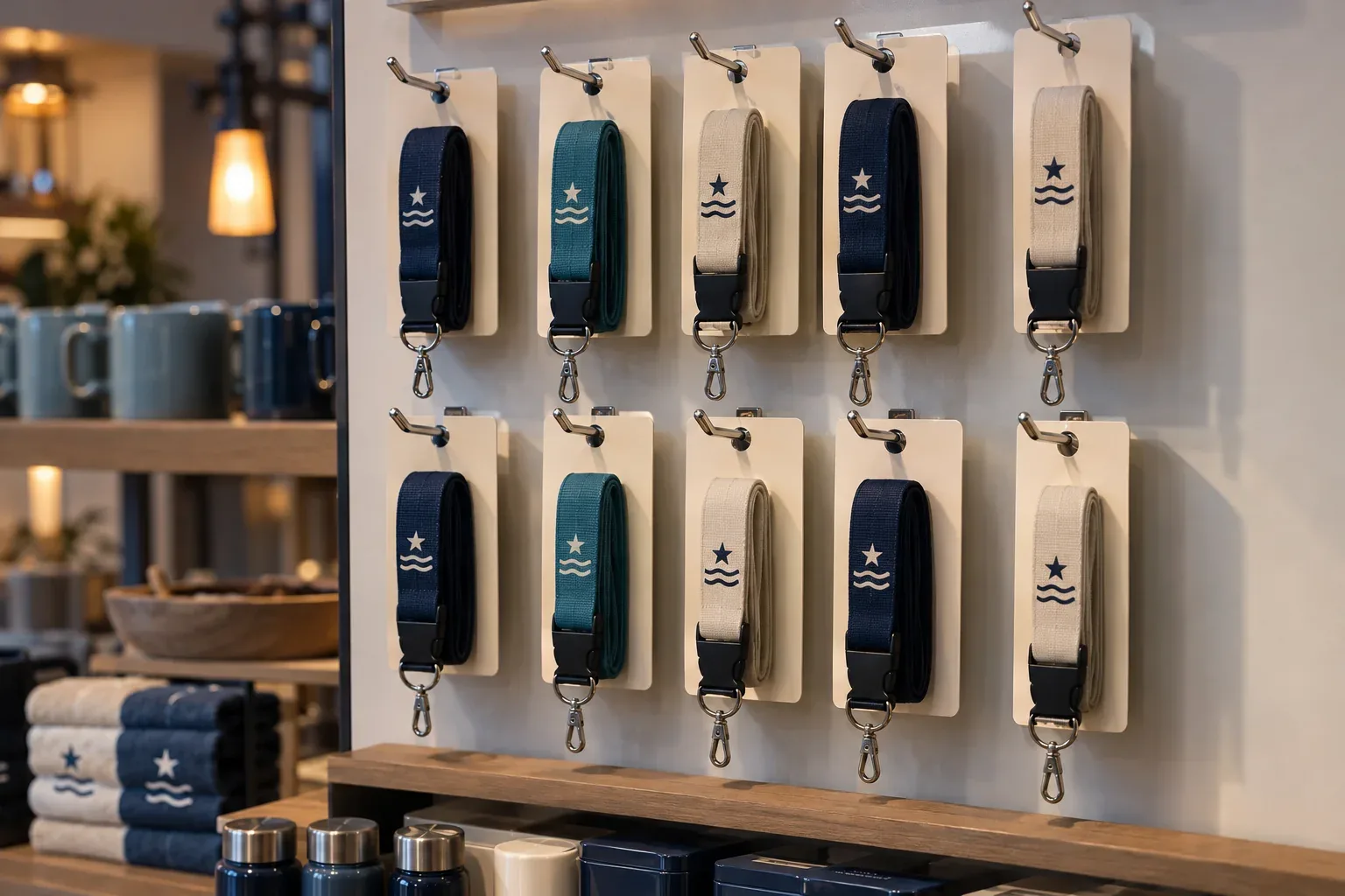 Navy, teal and cream lanyards folded on blank cream cards, hanging in two rows on peg hooks in a gift shop