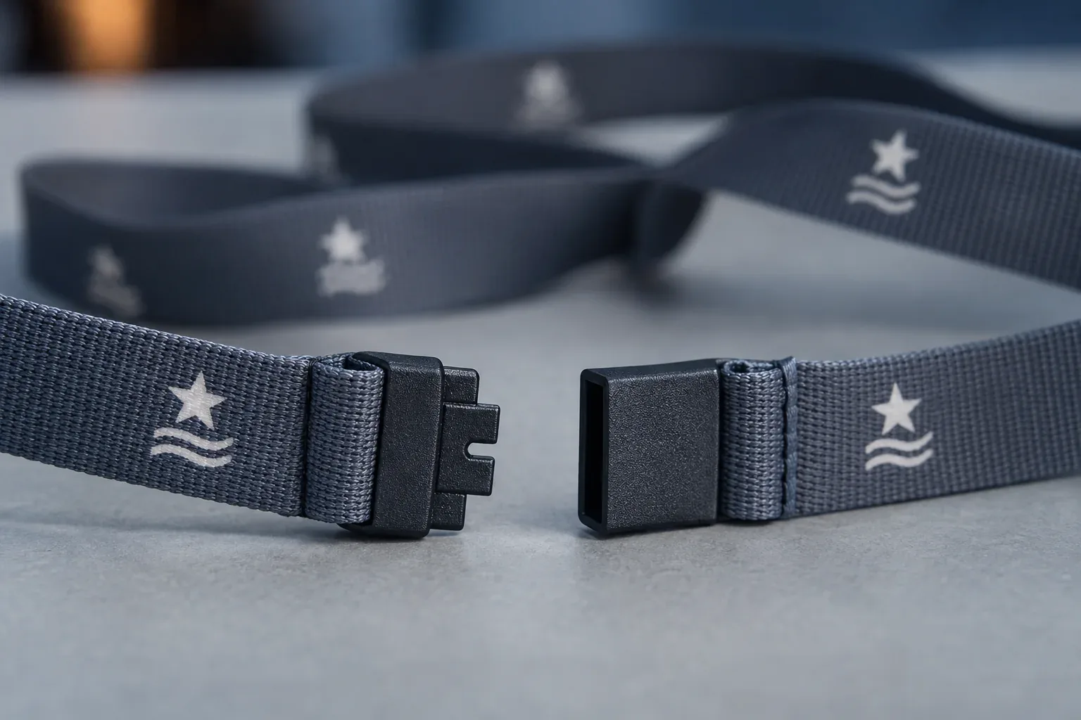 The two halves of a black plastic breakaway clasp pulled apart on a slate grey lanyard with a white star and wave mark