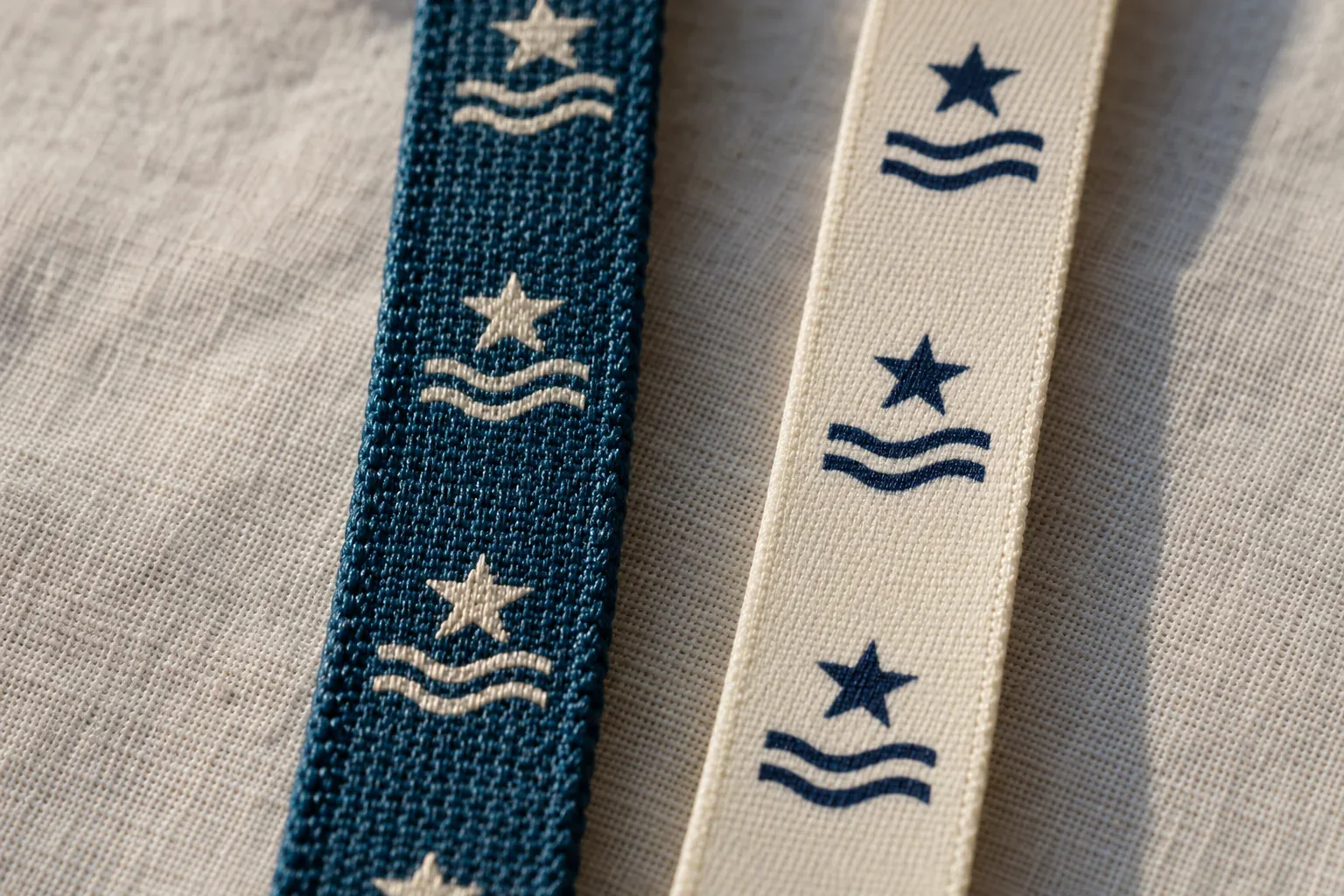 A navy strap with a cream star and wave mark woven into it, beside a cream strap with the same mark printed in navy