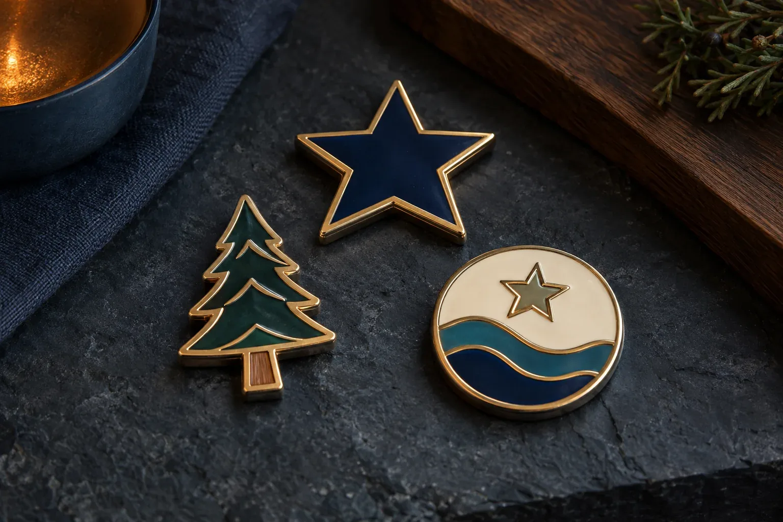 Three gold-edged enamel magnets on dark slate: a pine tree in green, a navy star, and a cream disc with a star over teal and navy waves