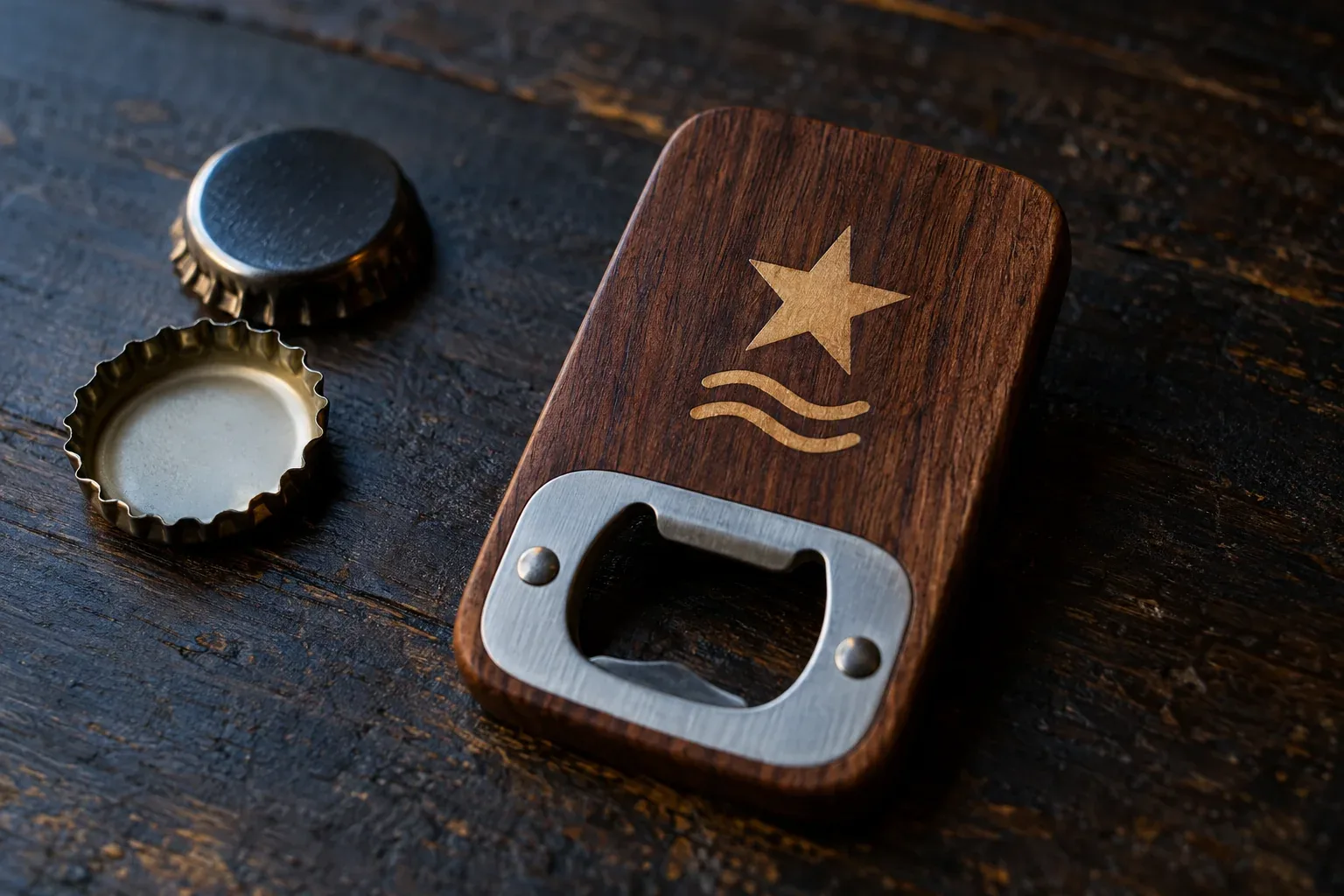 A walnut bottle-opener magnet with a brushed steel opener and an inlaid star and wave design, beside two bottle caps on a dark wooden table