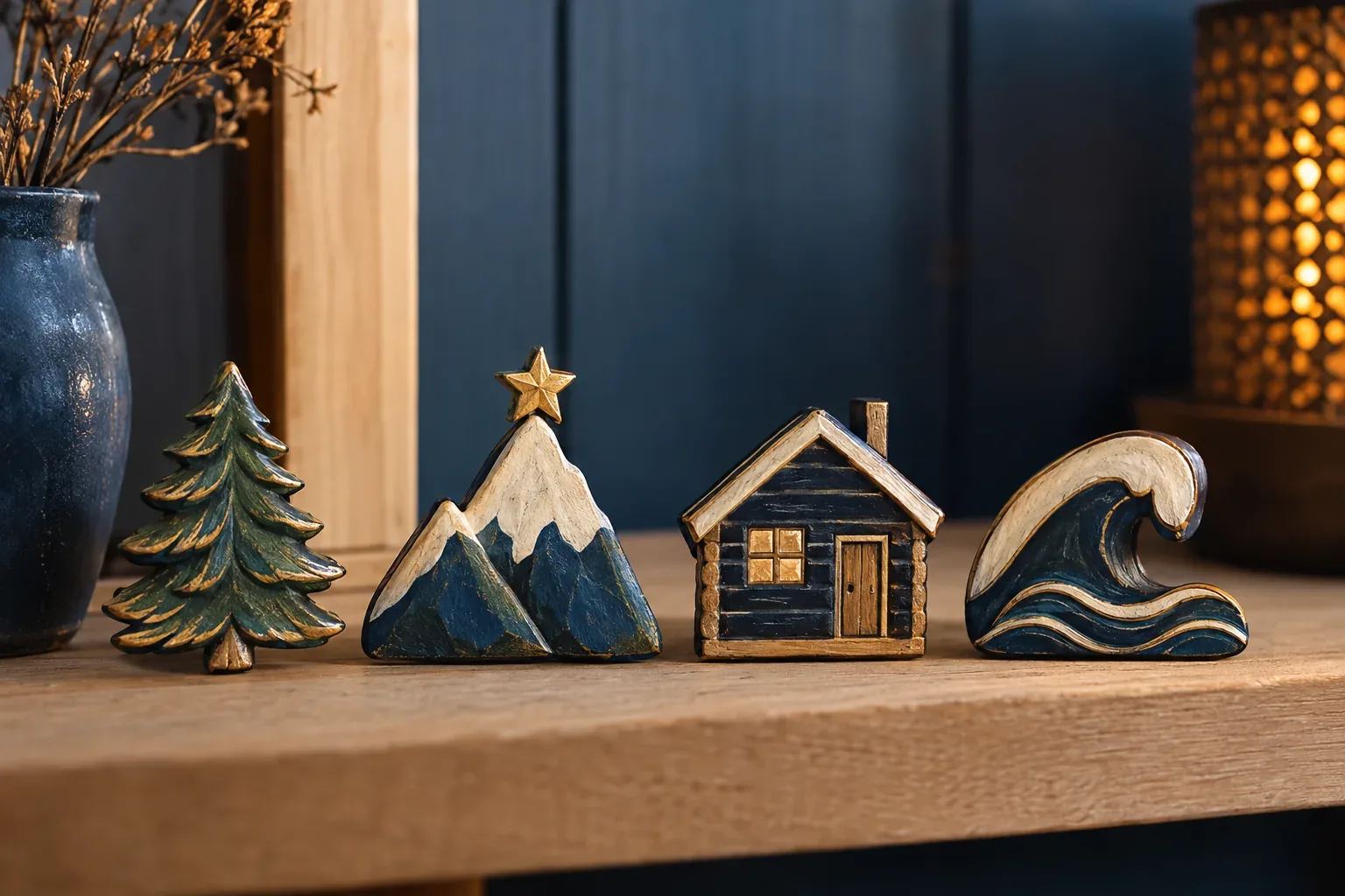 Four hand-painted resin magnets on a wooden shelf: a pine tree, mountains with a gold star, a log cabin and a breaking wave, in navy, cream, green and gold