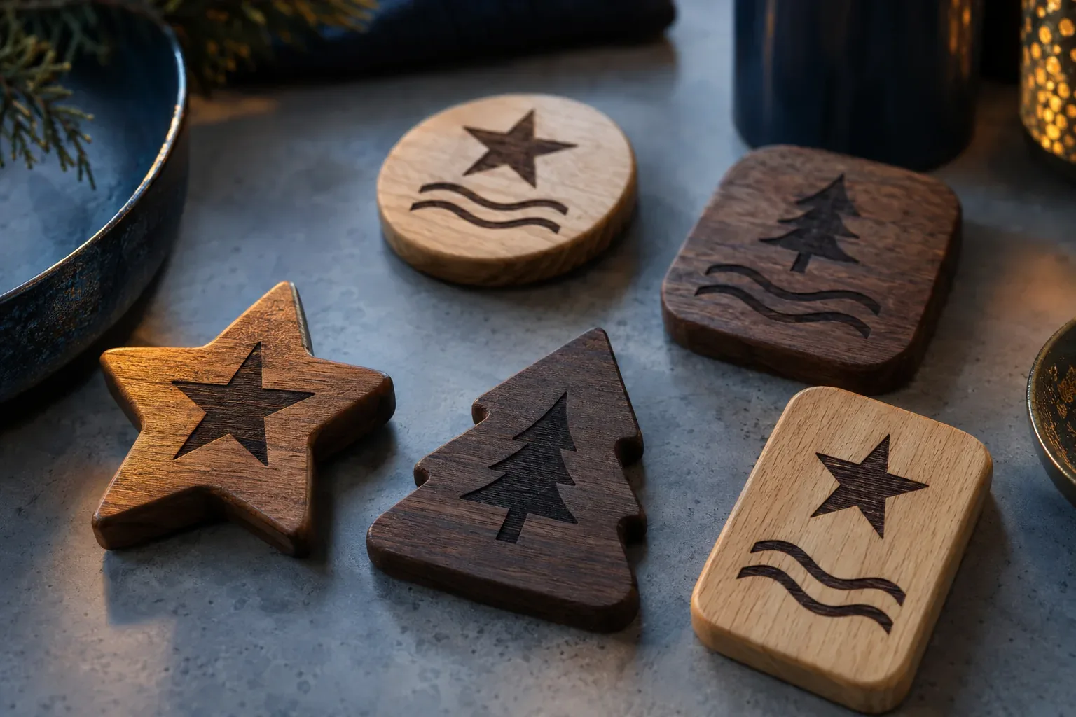 Five engraved wooden magnets in light and dark wood, cut to a star, a pine tree and rounded shapes, on a grey stone counter