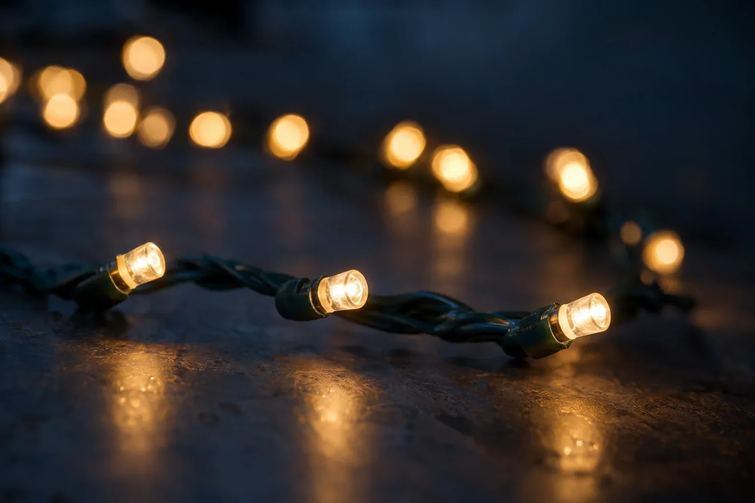 Close-up of lit wide-angle mini bulbs in warm white on green wire
