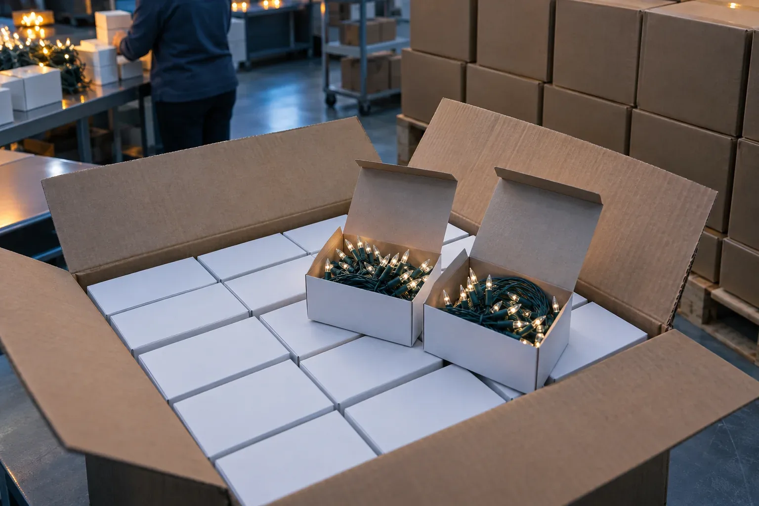 An open master carton packed with white inner boxes, two of them open to show coiled strands on green wire