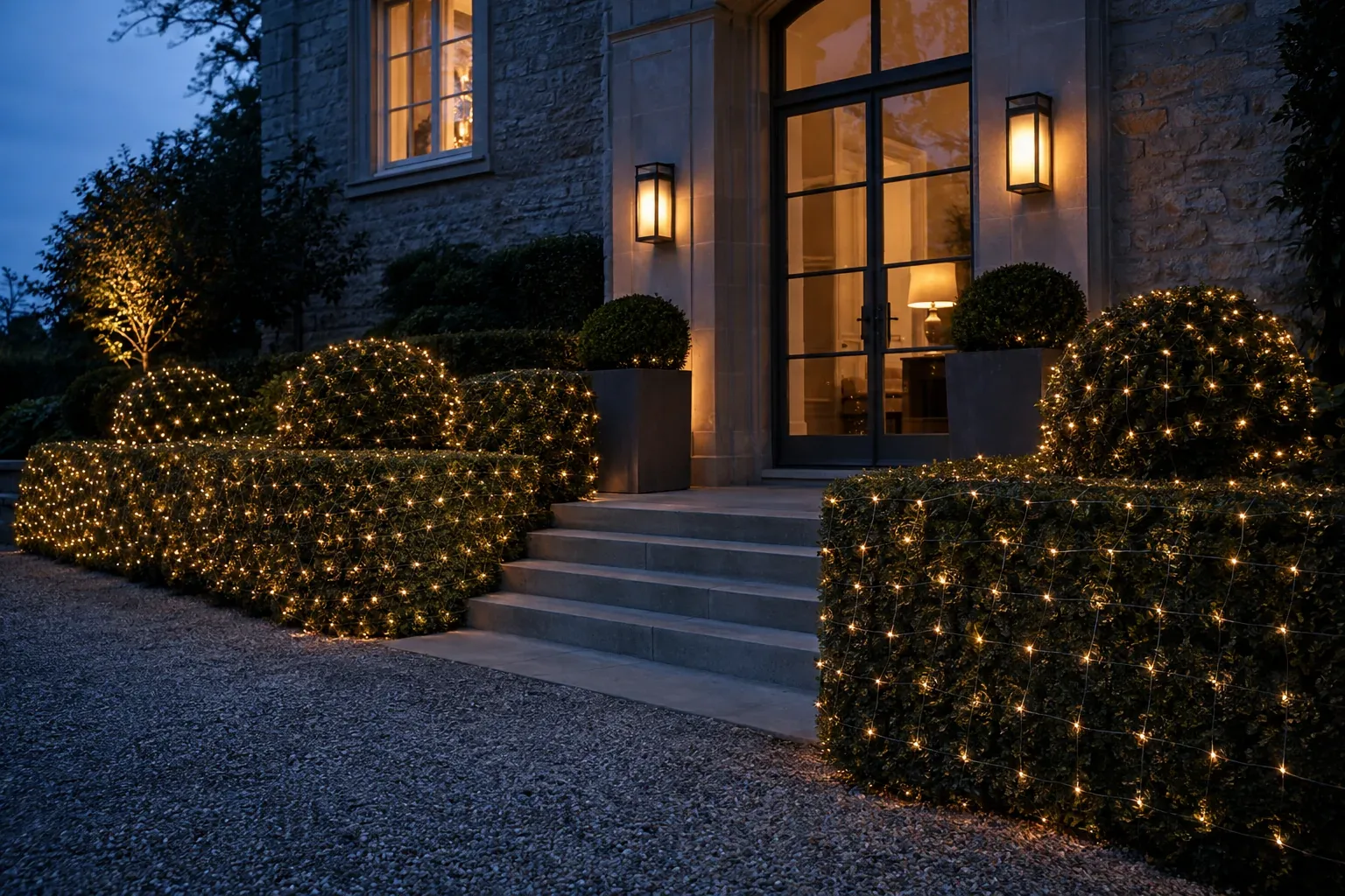 Clipped hedges and round shrubs beside the steps of a stone building, covered in warm-white net lights at dusk