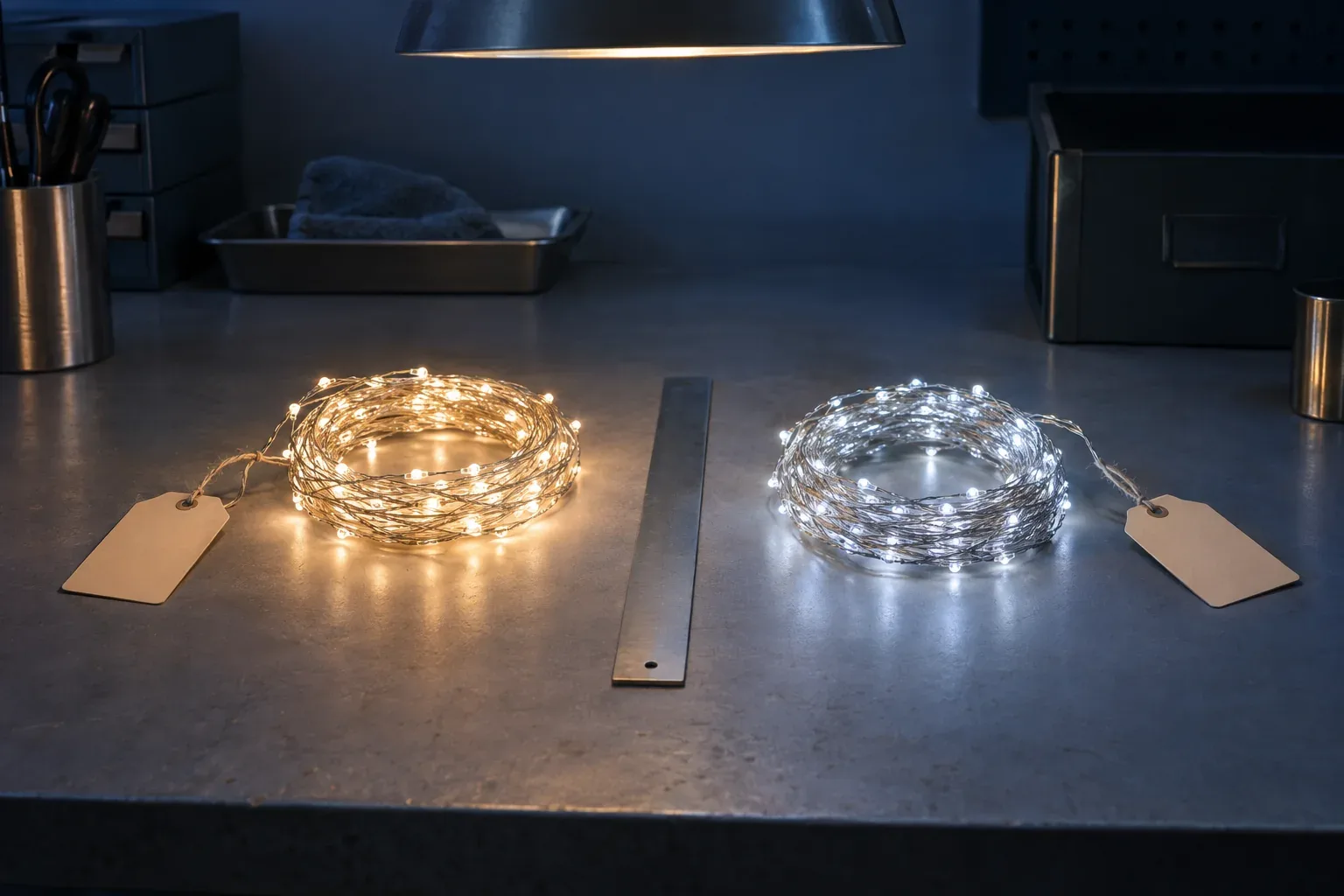 Two coiled sample strands lit side by side on a grey bench, one warm white and one cool white, each with a blank tag