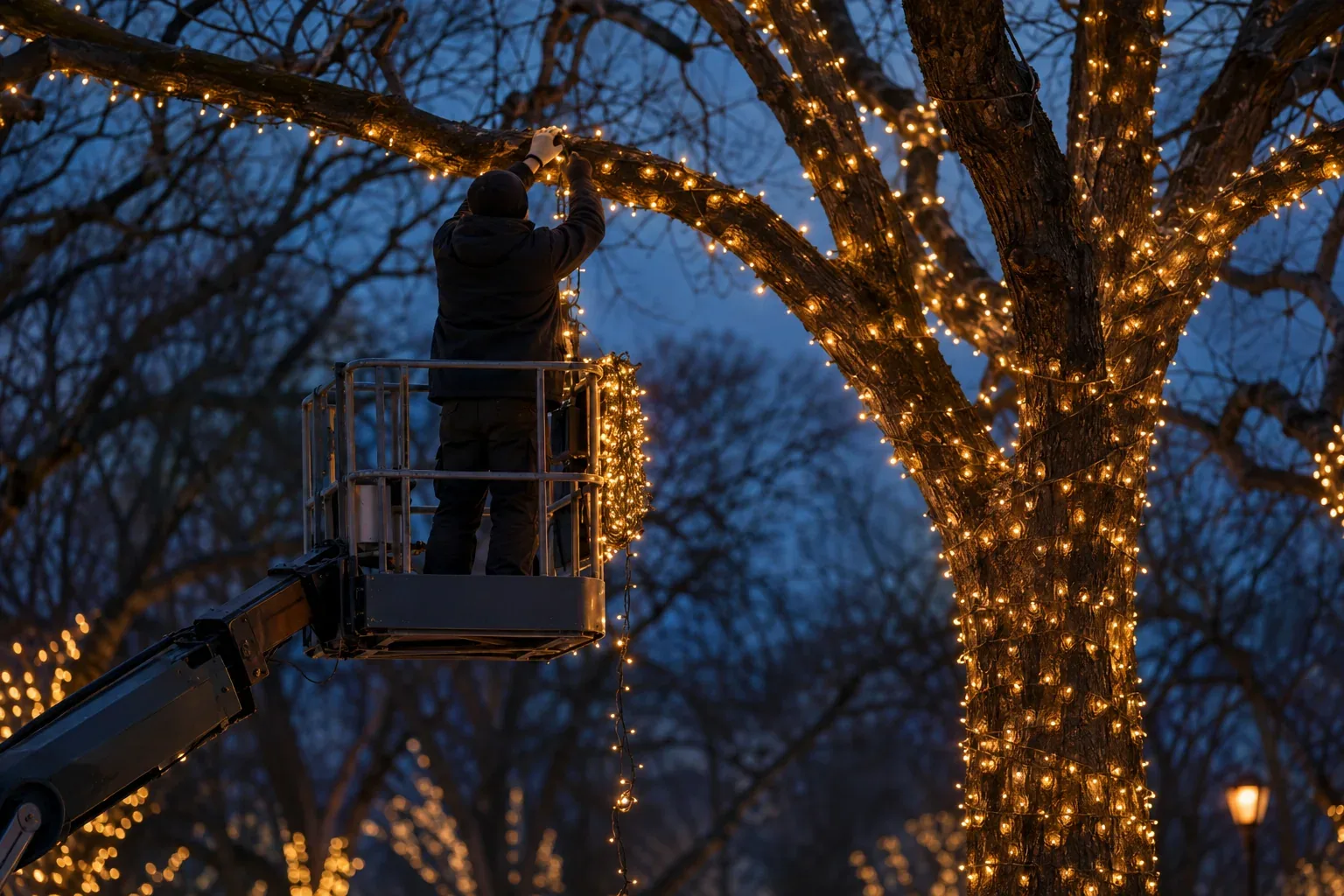 An installer on a small lift wrapping lit mini lights along the branch of a large bare tree at dusk
