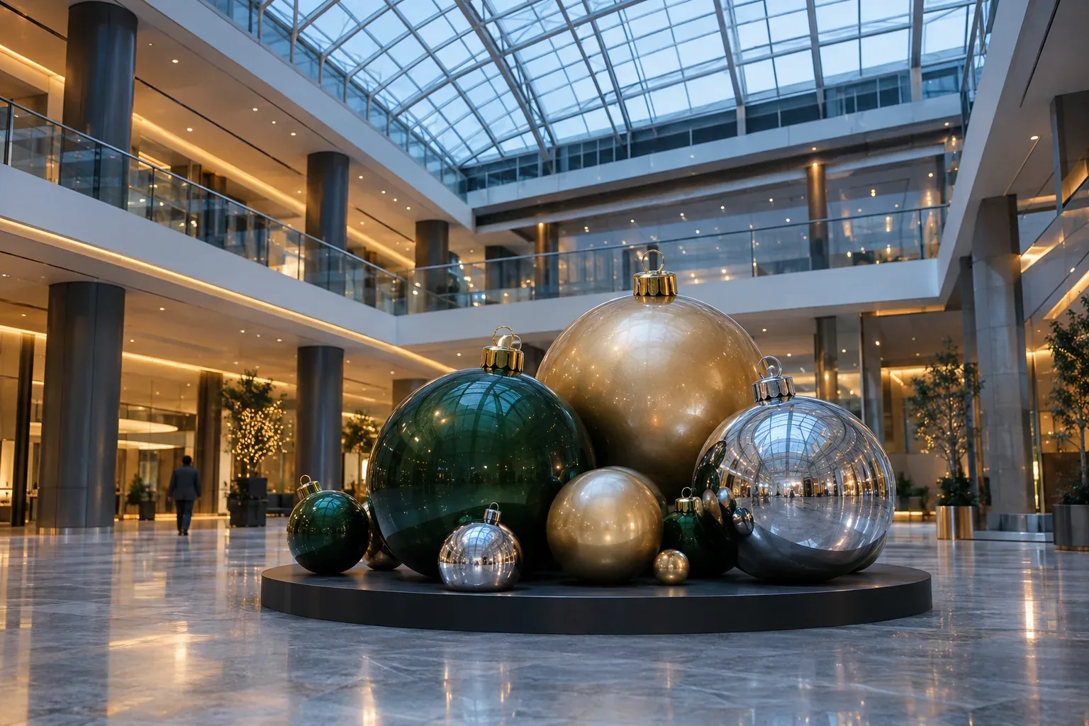 Unlit oversized ornament balls in gold, forest green and mirror silver grouped on a round platform in a glass-roofed atrium