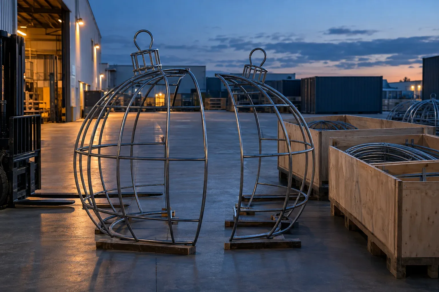 The two curved halves of a bare welded ornament frame on timber skids beside open crates of frame sections, in a yard at dusk