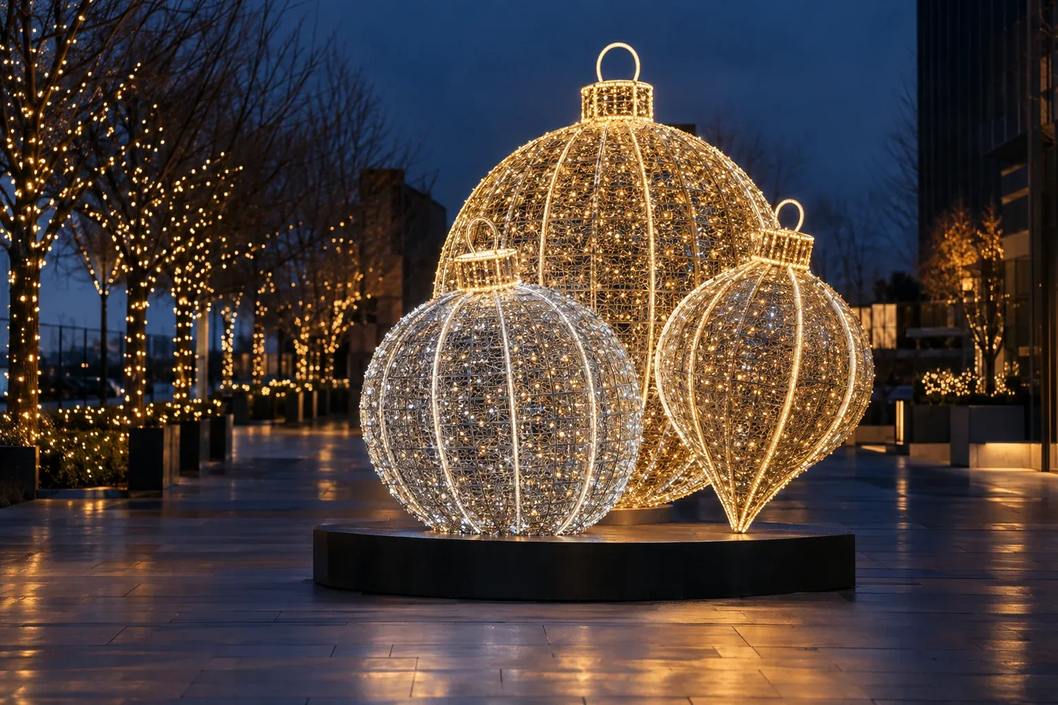 Three lit ornament sculptures of different sizes, one a teardrop, grouped on a low round base on a plaza at dusk