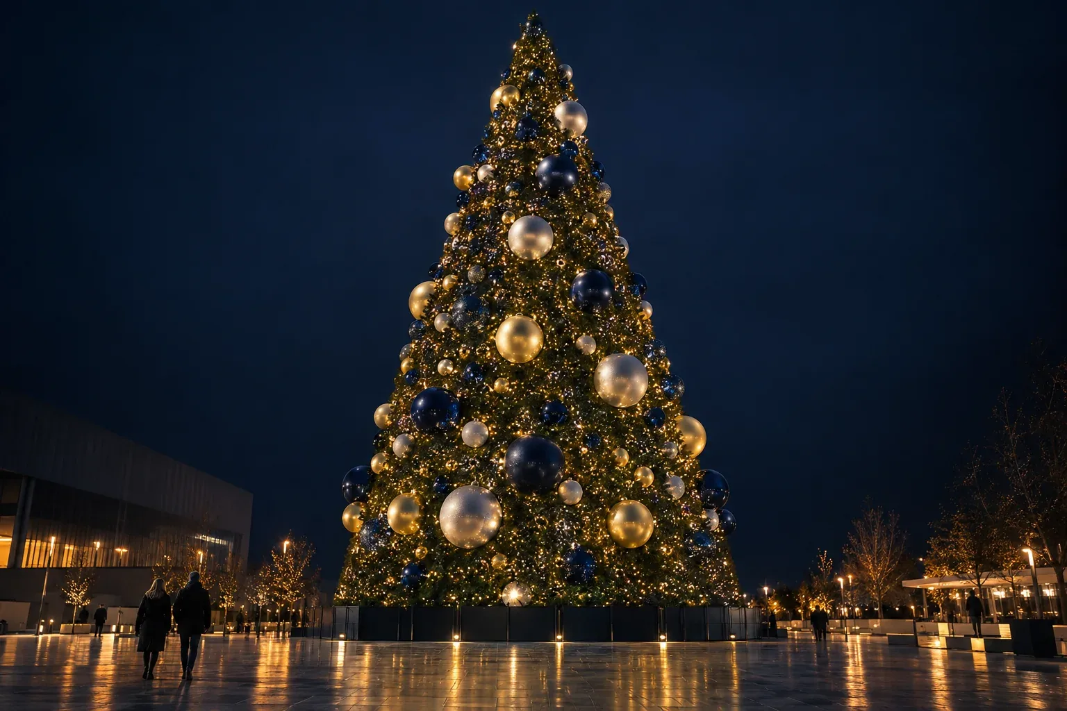 A very tall outdoor Christmas tree hung with oversized gold, silver and navy balls in a paved square at night