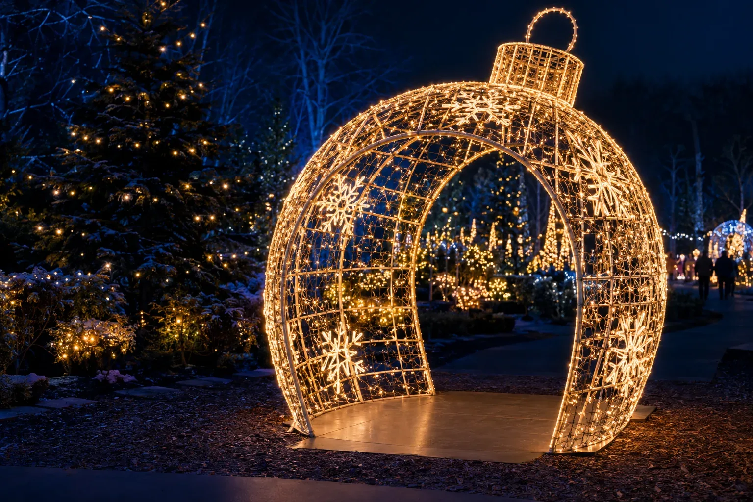 An open-sided ornament globe lit warm white with snowflakes in its frame, its wide opening and flat floor facing a light-show path at night