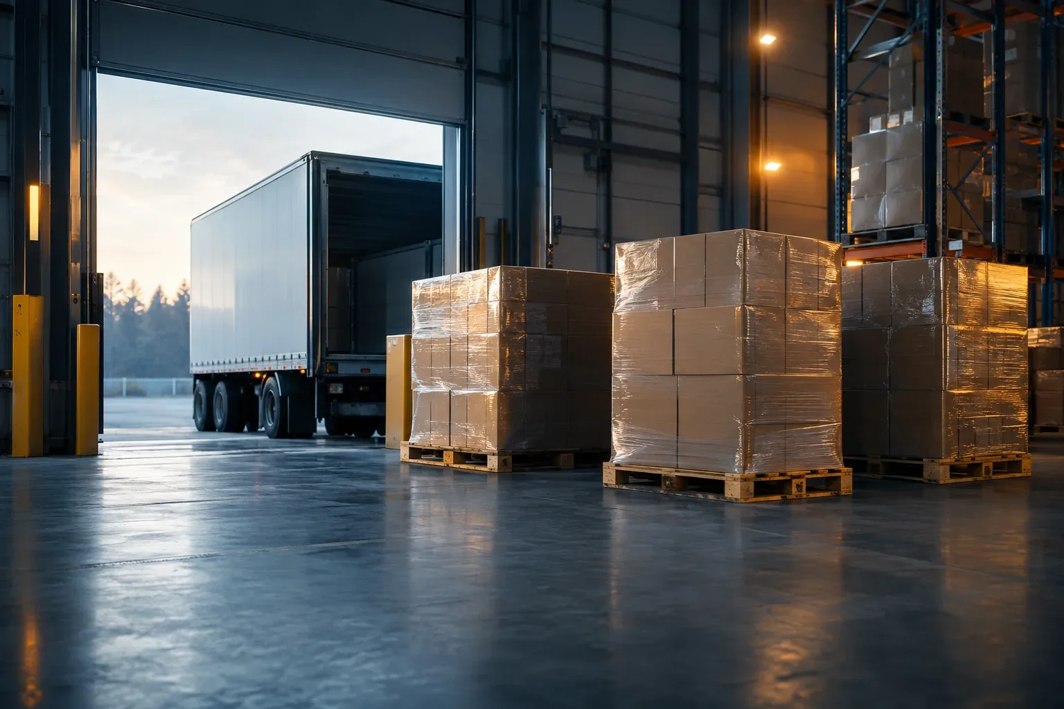 Pallets of cartons at a receiving dock with a truck at the door