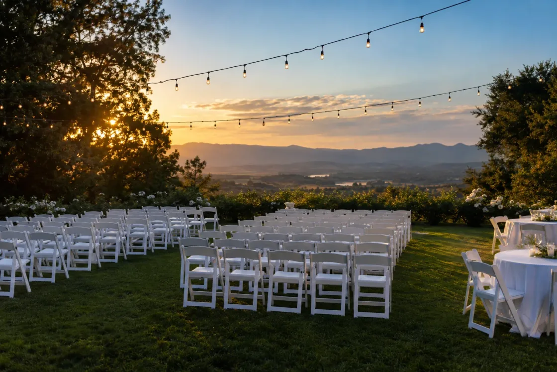 White folding chairs set out in rows on a lawn for an outdoor event at sunset