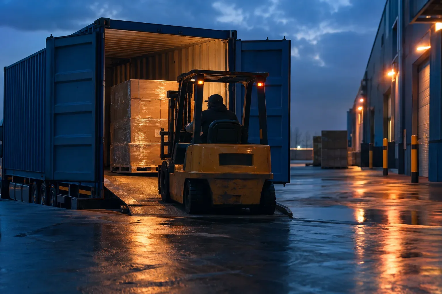 A forklift loading a pallet of cartons into a container at dusk