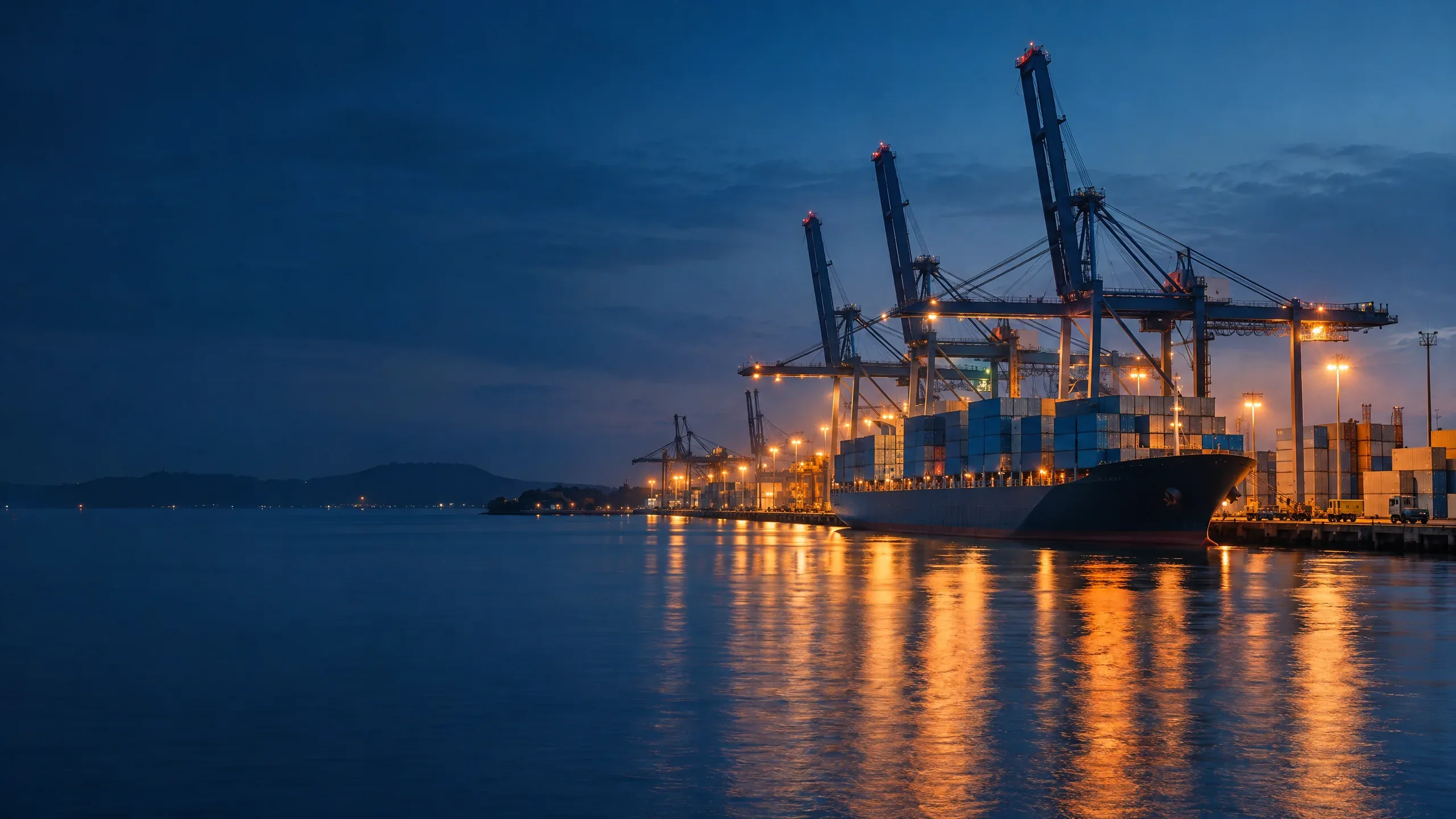 A container terminal at blue hour