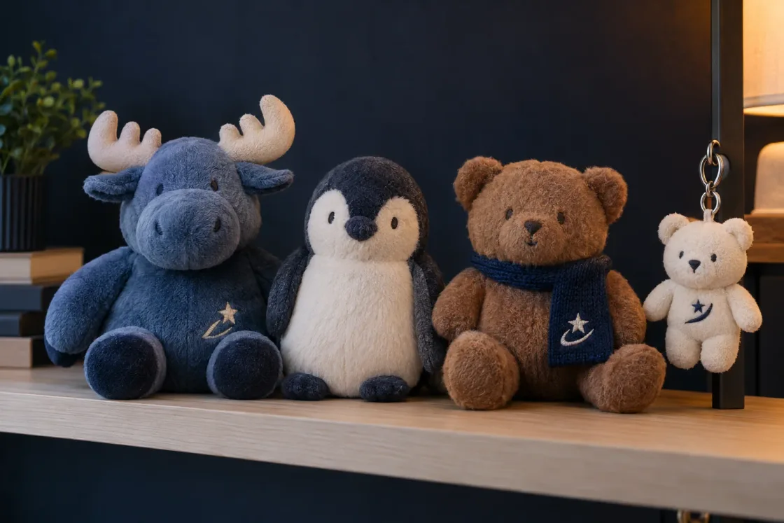 Four plush toys on a wooden shelf: a slate blue cartoon moose, a penguin, a brown teddy bear in a navy knitted scarf with an embroidered star logo, and a small cream bear hanging from a keychain clip