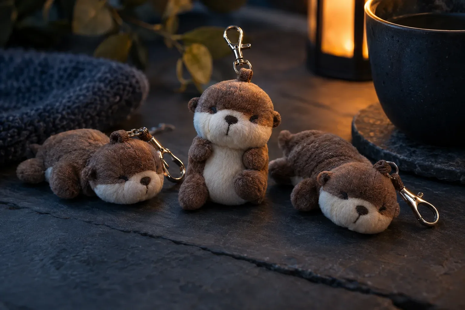 Three small otter plush toys, each on a short fabric loop with a silver keychain clip, on a dark slate surface