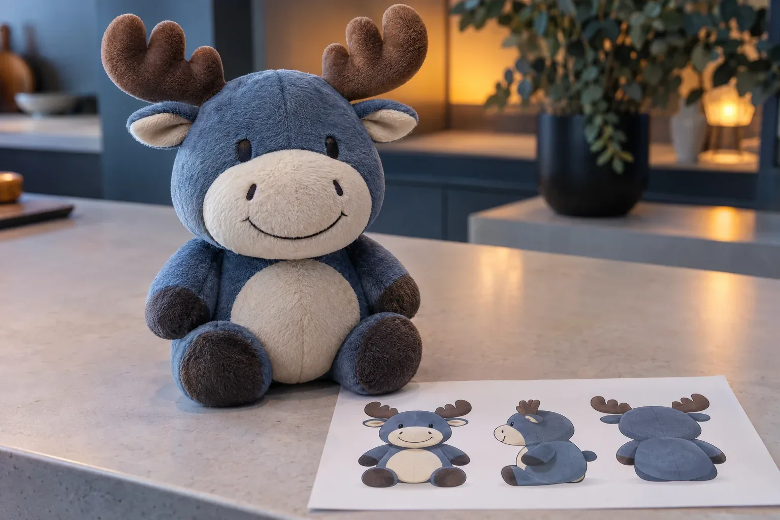 A slate blue cartoon moose plush with stitched eyes and smile, sitting beside a drawing of the same moose from the front, side and back