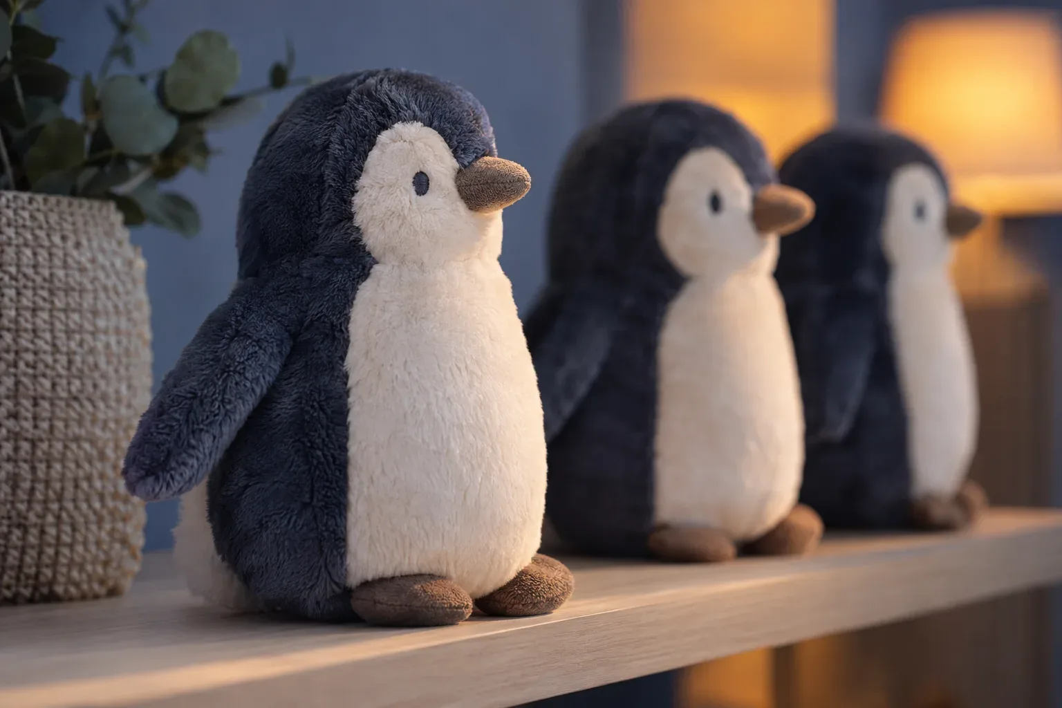 Three penguin plush toys in a row on a wooden shelf, navy backs and cream fronts, with stitched eyes