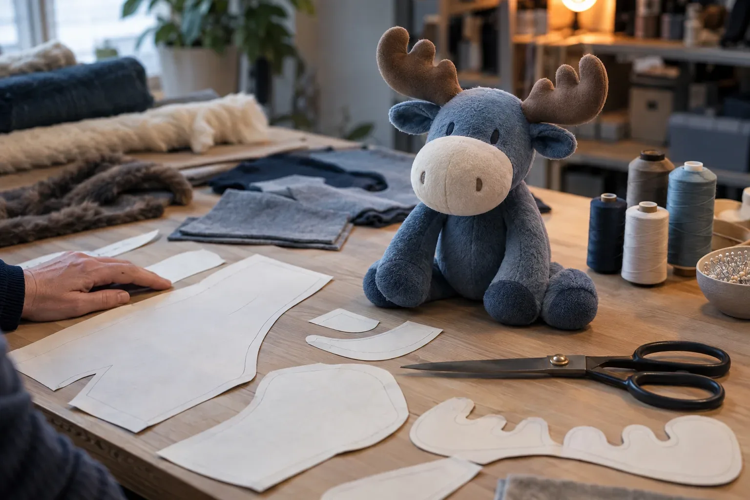 Paper pattern pieces, shears and spools of thread on a work table, with a finished moose plush sample sitting among them