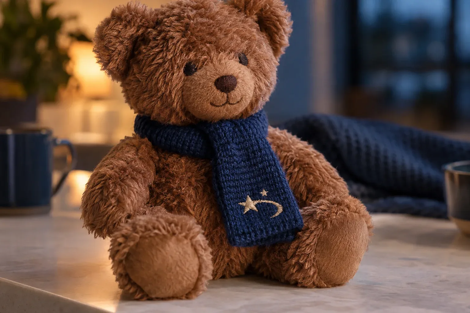 A brown teddy bear wearing a navy knitted scarf with a star logo embroidered in cream on its end
