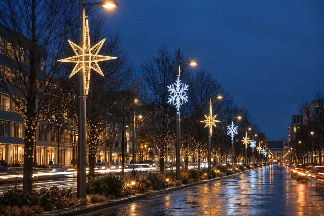 Lit star and snowflake decorations on the street-light poles of a downtown boulevard at dusk