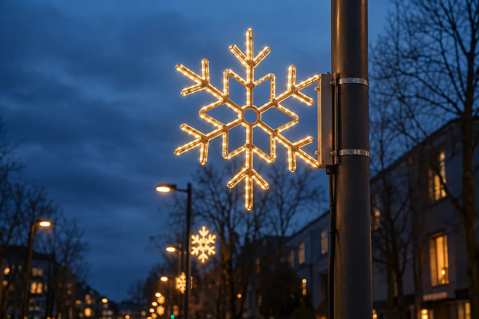 A lit snowflake decoration fixed to a street-light pole with a bracket and two bands