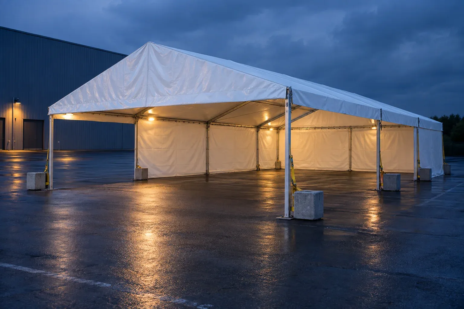 A white frame tent on a wet car park at dusk, each leg strapped to a concrete ballast block, solid sidewalls on the far side