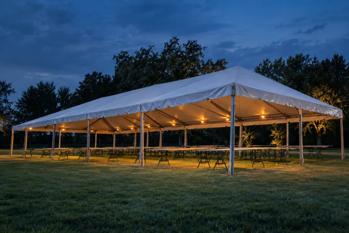 A long white frame tent on a lawn at dusk, its sides open to show the galvanized steel legs and rafters over rows of empty tables