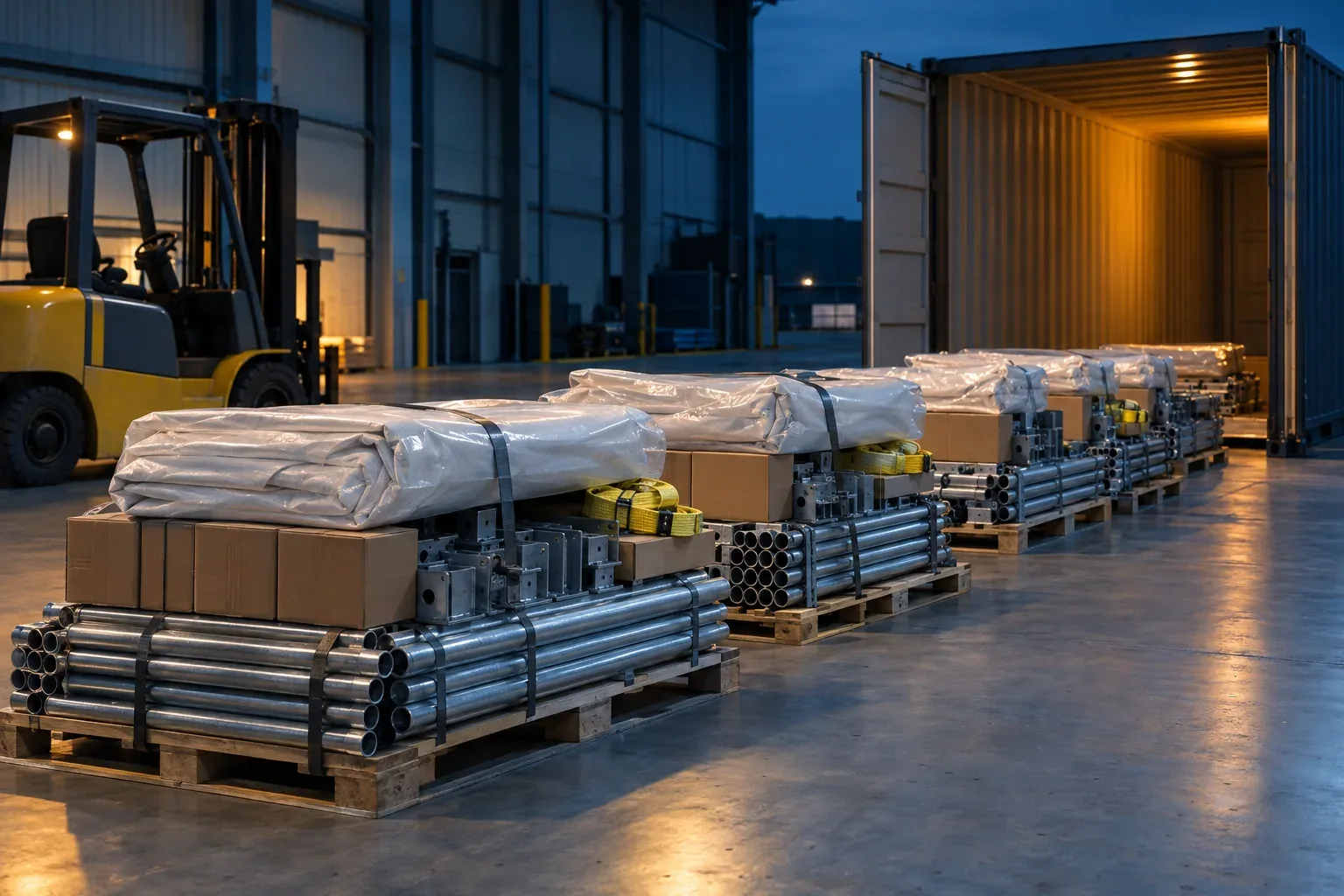 Pallets of strapped galvanized tubes, boxed fittings, ratchet straps and wrapped white tops lined up beside an open container