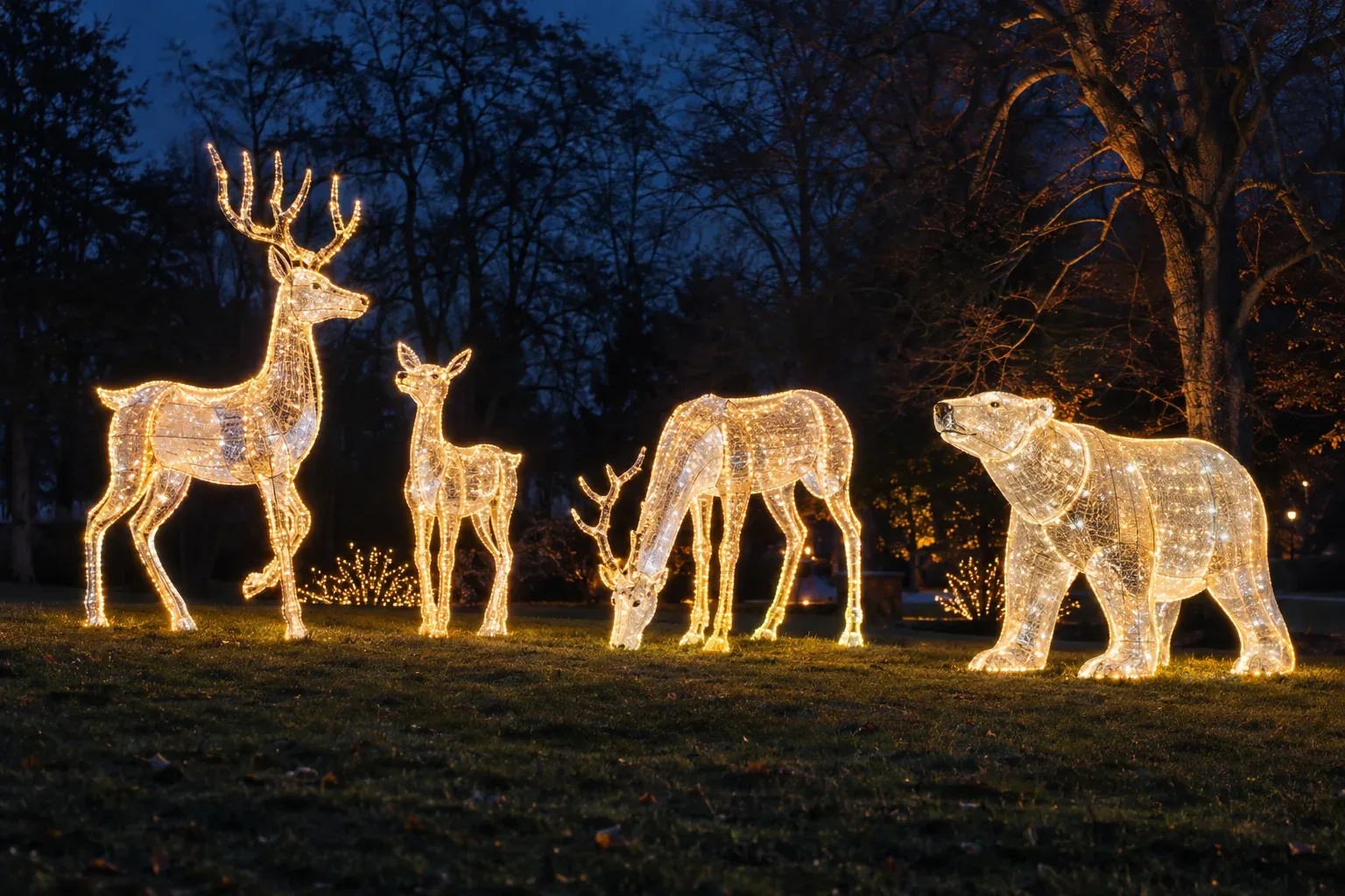Life-size 3D reindeer and a polar bear in glowing white mesh on a lawn at night
