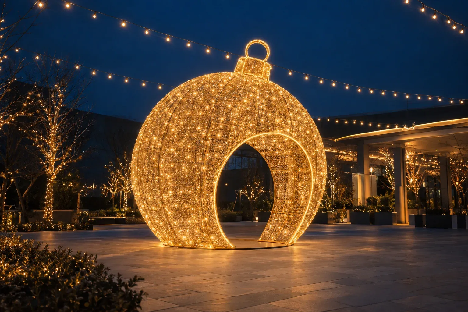 A giant gold ornament display with a walk-in opening, lit in a courtyard at night