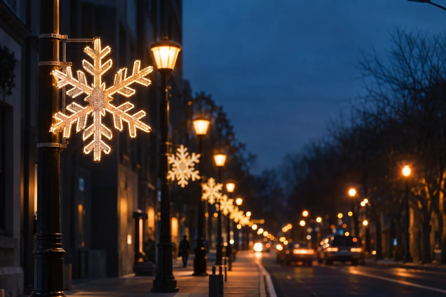 Lit snowflake motifs mounted on the lamp posts of a street at dusk