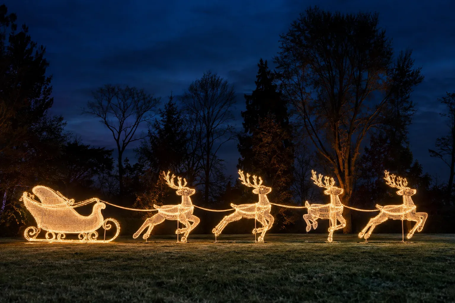 A lit sleigh and four leaping reindeer in a row on a lawn at night
