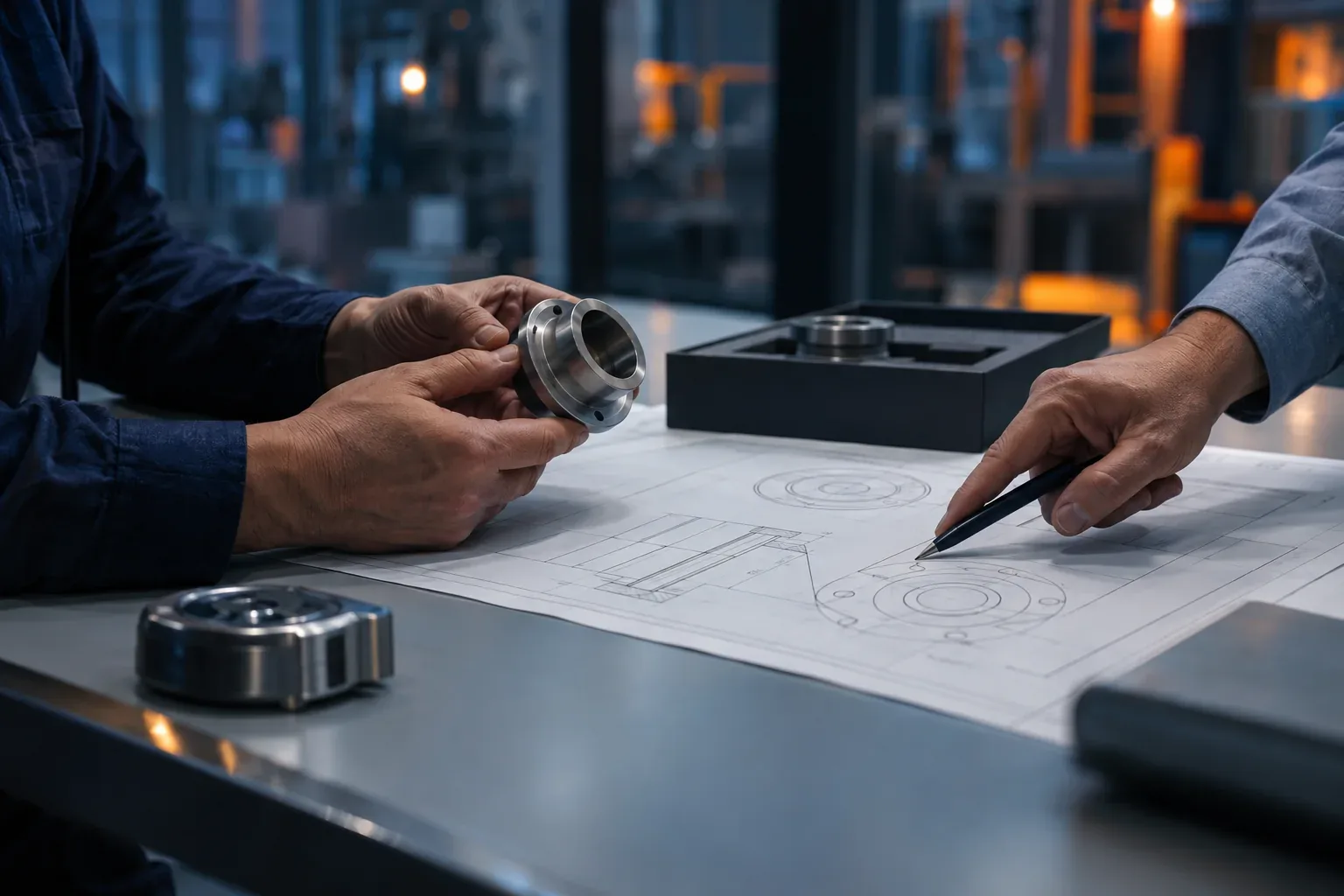 Hands reviewing a product sample beside a technical drawing