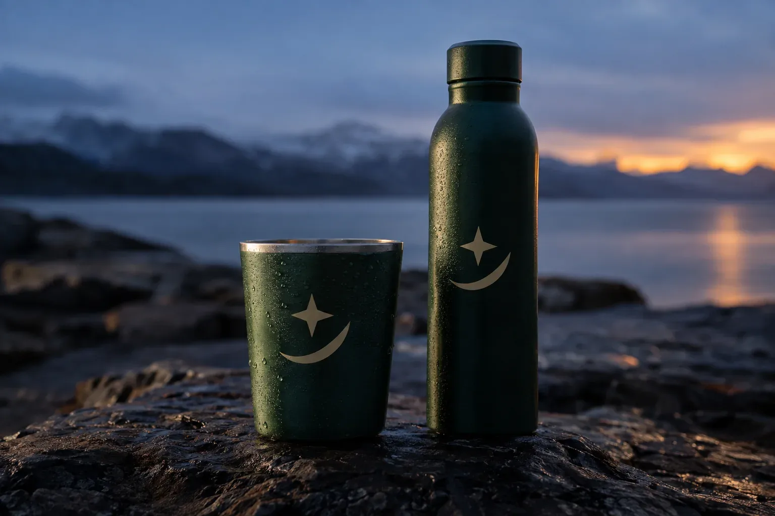 A green aluminium cup and a matching bottle with a screw cap on a dark rock by the water at dusk