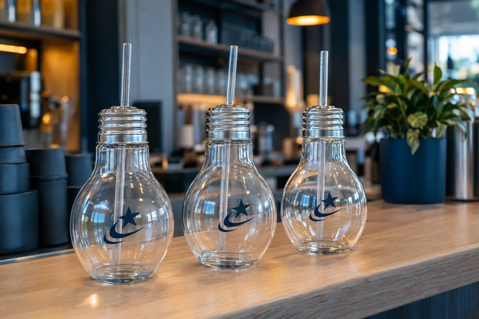 Three clear cups shaped like light bulbs, each with a silver screw cap and a straw, on a wooden counter