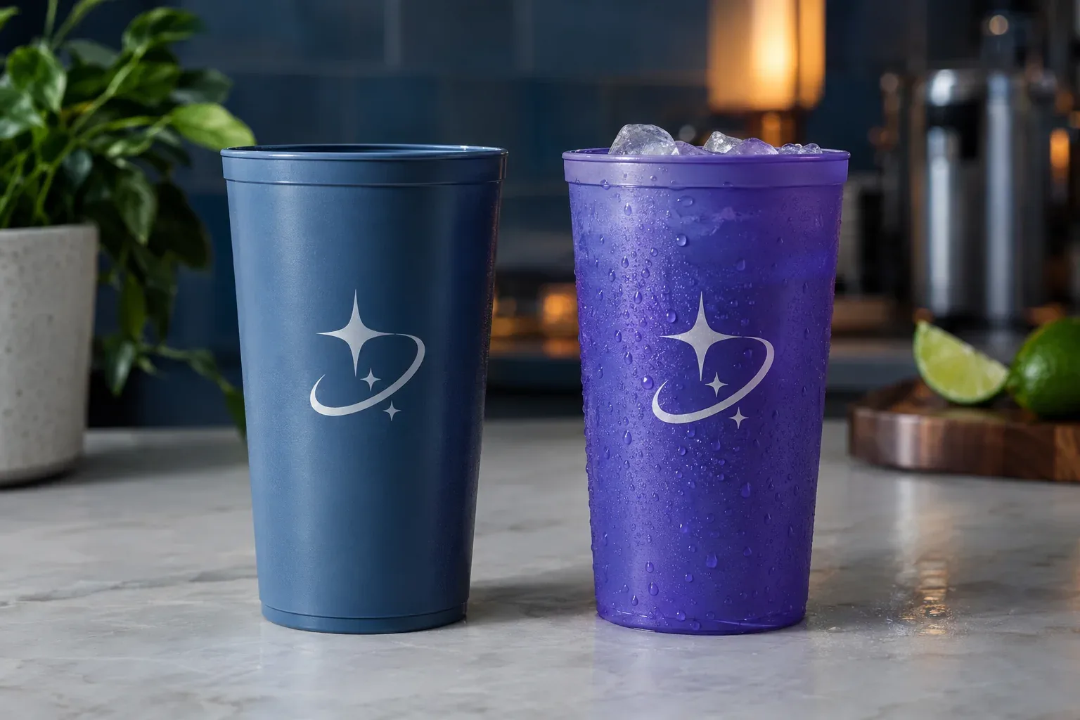 Two identical cups side by side, one slate blue and one turned violet after being filled with ice
