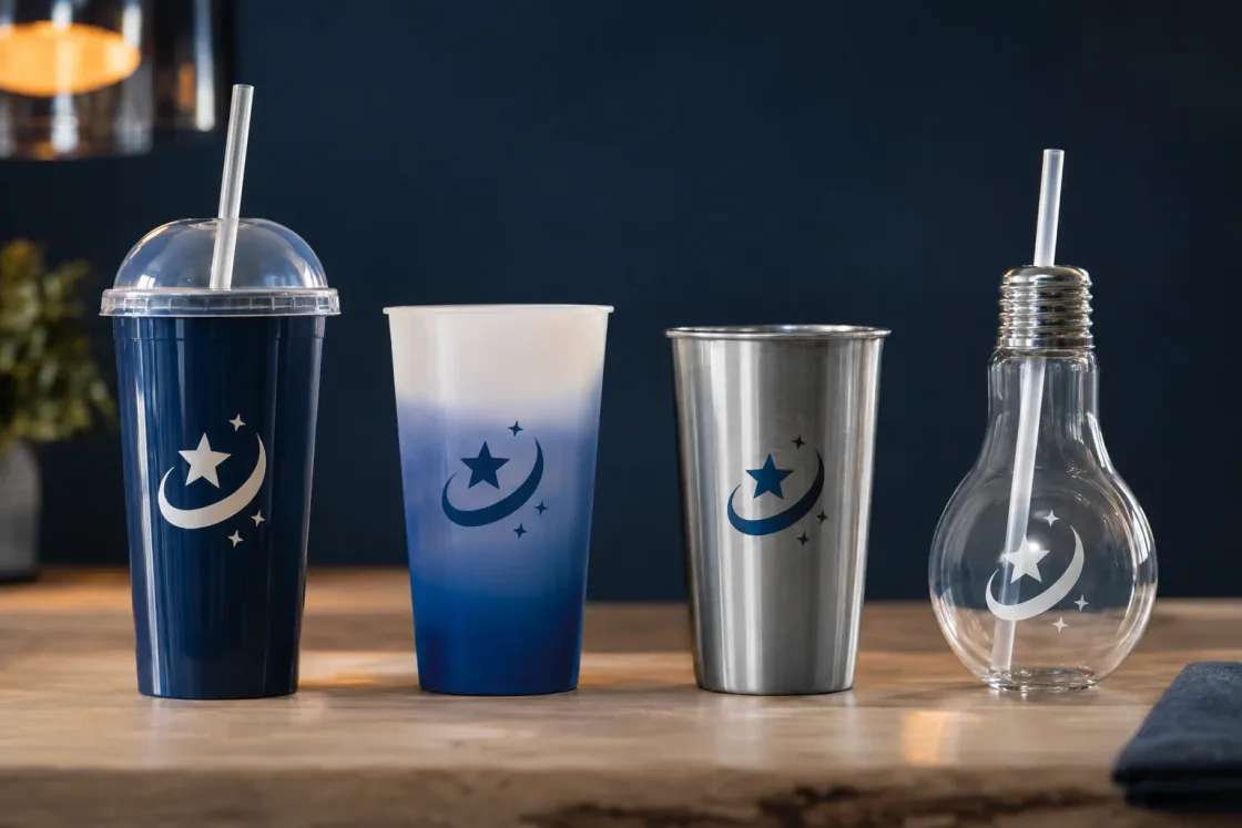 Four souvenir cups in a row on a wooden counter: a navy stadium cup with a domed lid and straw, a colour-changing cup, a brushed aluminium cup and a clear light-bulb cup with a silver cap, all with the same star logo