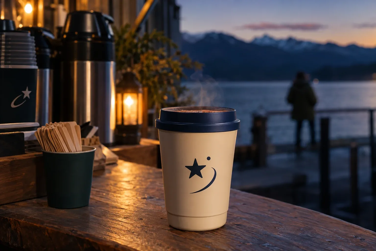 A cream double-wall cup with a navy lid and steam rising from hot cocoa, on a wooden counter at dusk