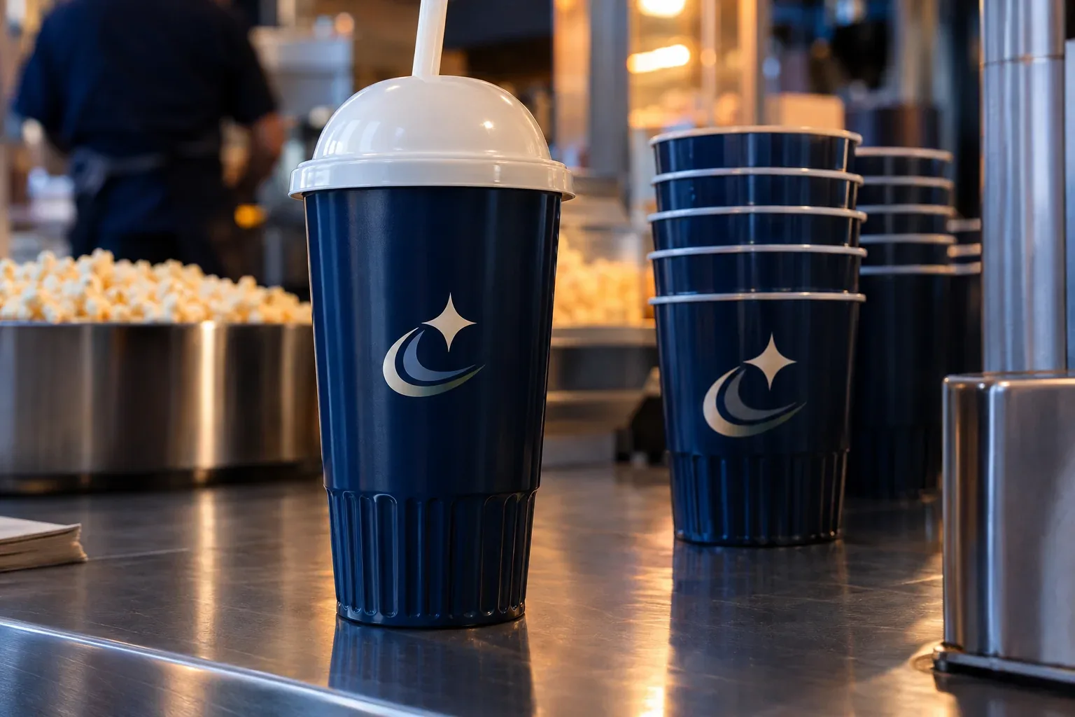 A navy stadium cup with a ridged base, a white domed lid and a straw, a stack of matching cups behind it on a steel counter