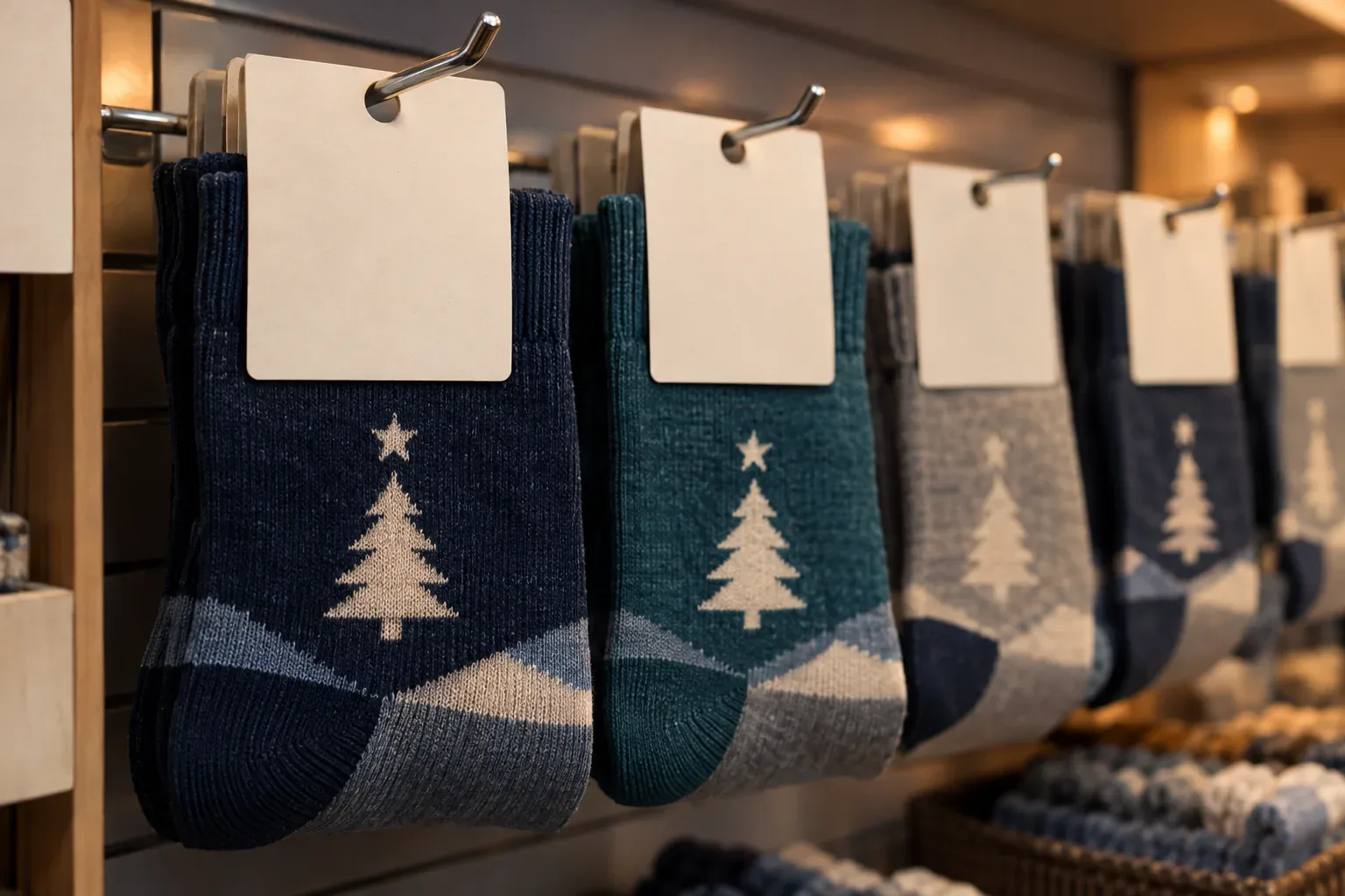 Pairs of socks in navy, teal and grey, each in a blank cream header card, hanging from peg hooks on a shop wall