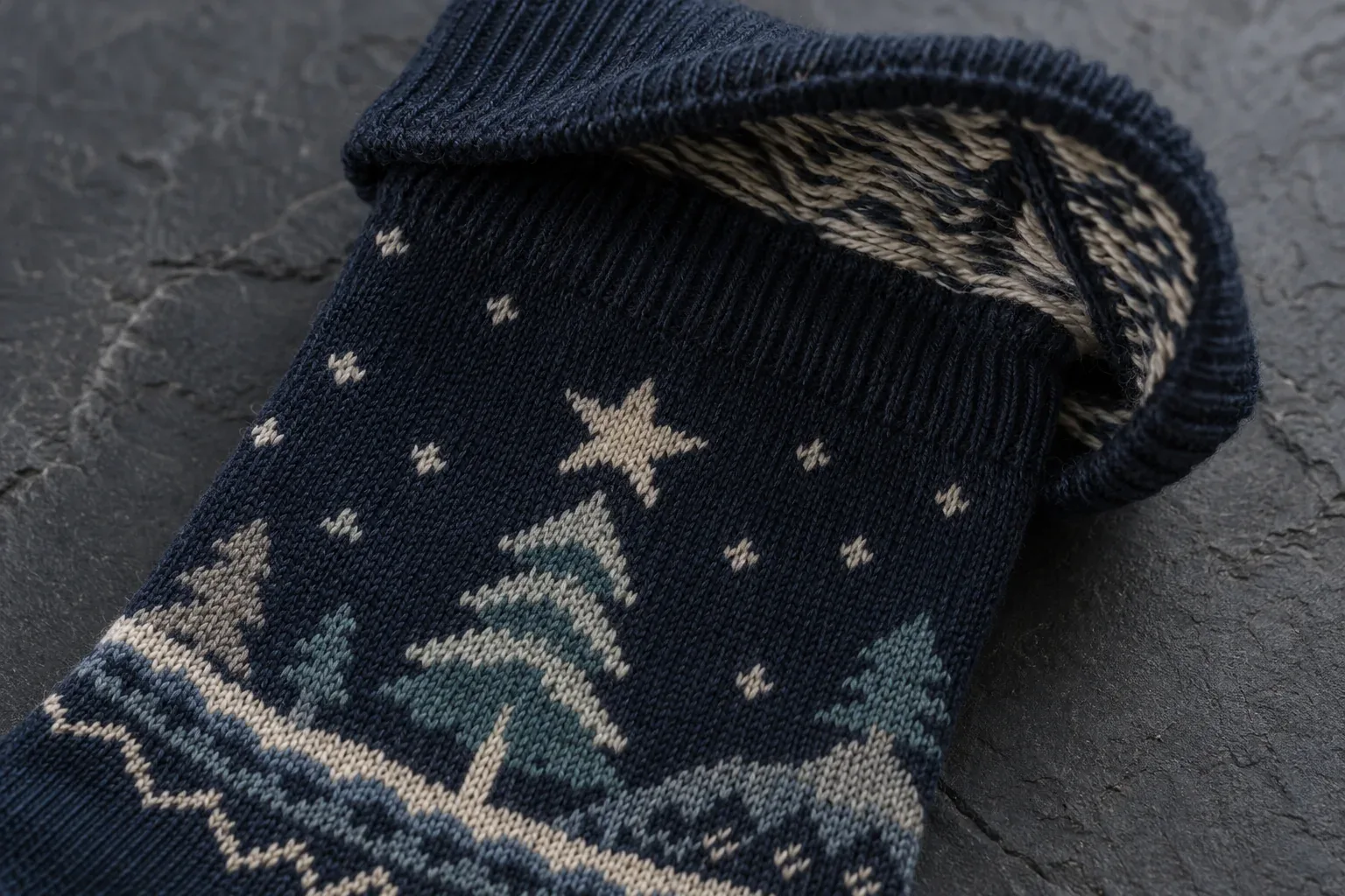 A close-up of a navy sock with its cuff folded back, a cream star and pine trees knitted into the leg and the loose yarn of the design showing on the inside