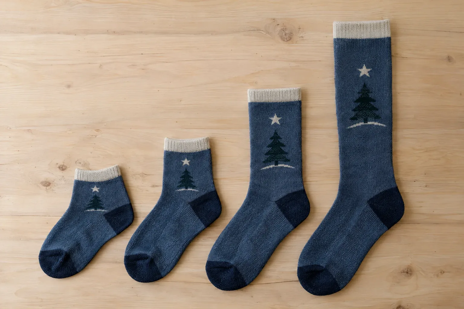 Four slate blue socks with cream cuffs laid in a row from shortest to longest, each with a star and pine tree knitted into the leg