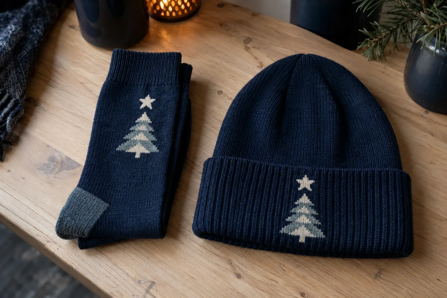 A folded pair of navy socks beside a navy cuffed beanie, both with the same star and pine tree knitted in, on a wooden table